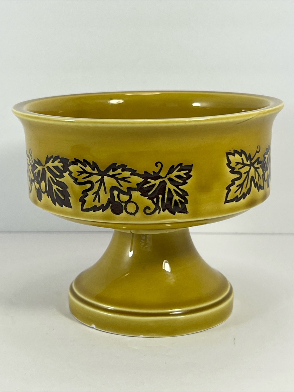 Vtg EO Brody Ceramic Yellow & Brown Grape Leaves Pedestal Dish Footed Vase